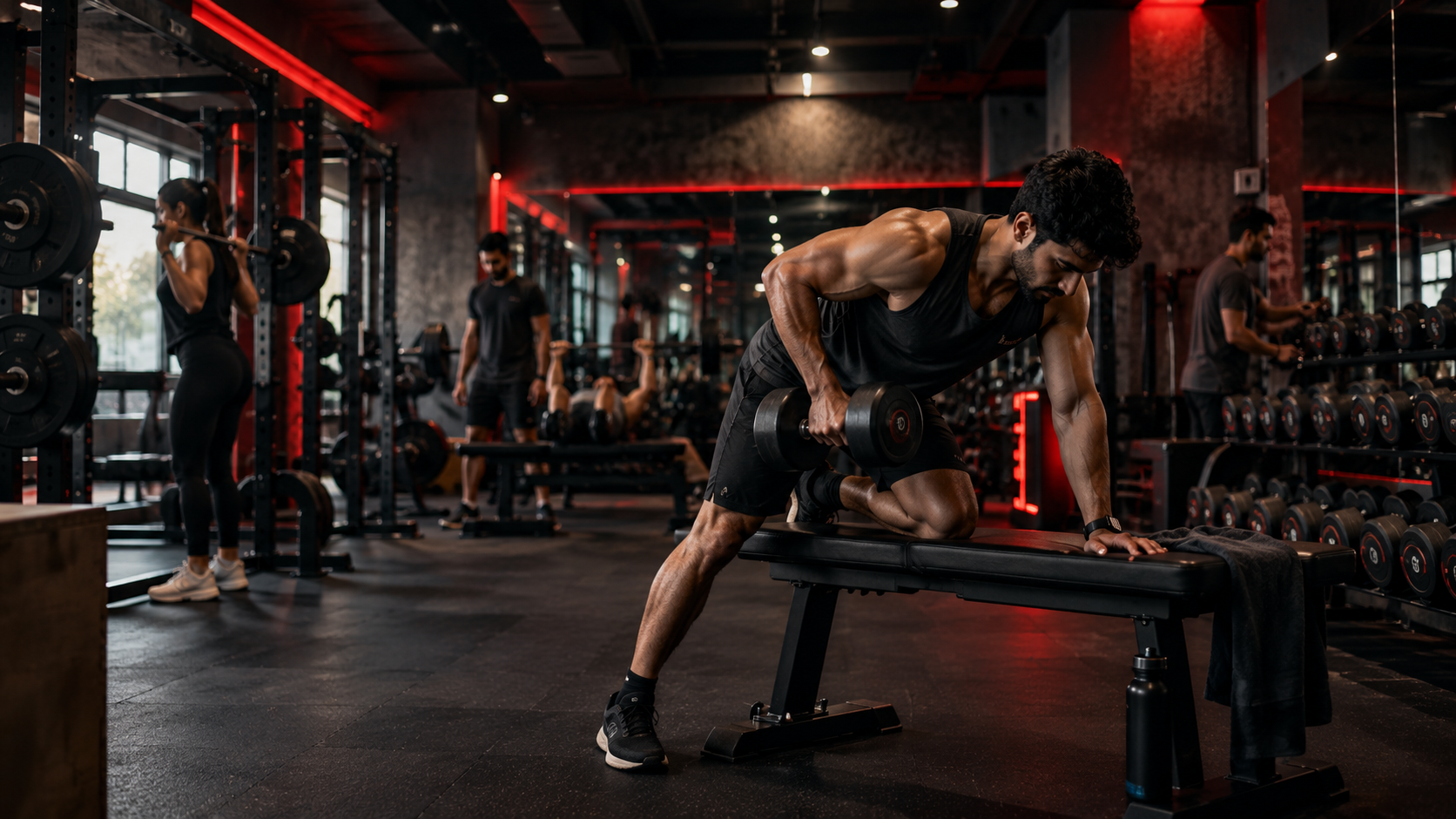 Illustrative view of a moody, industrial-style gym training floor